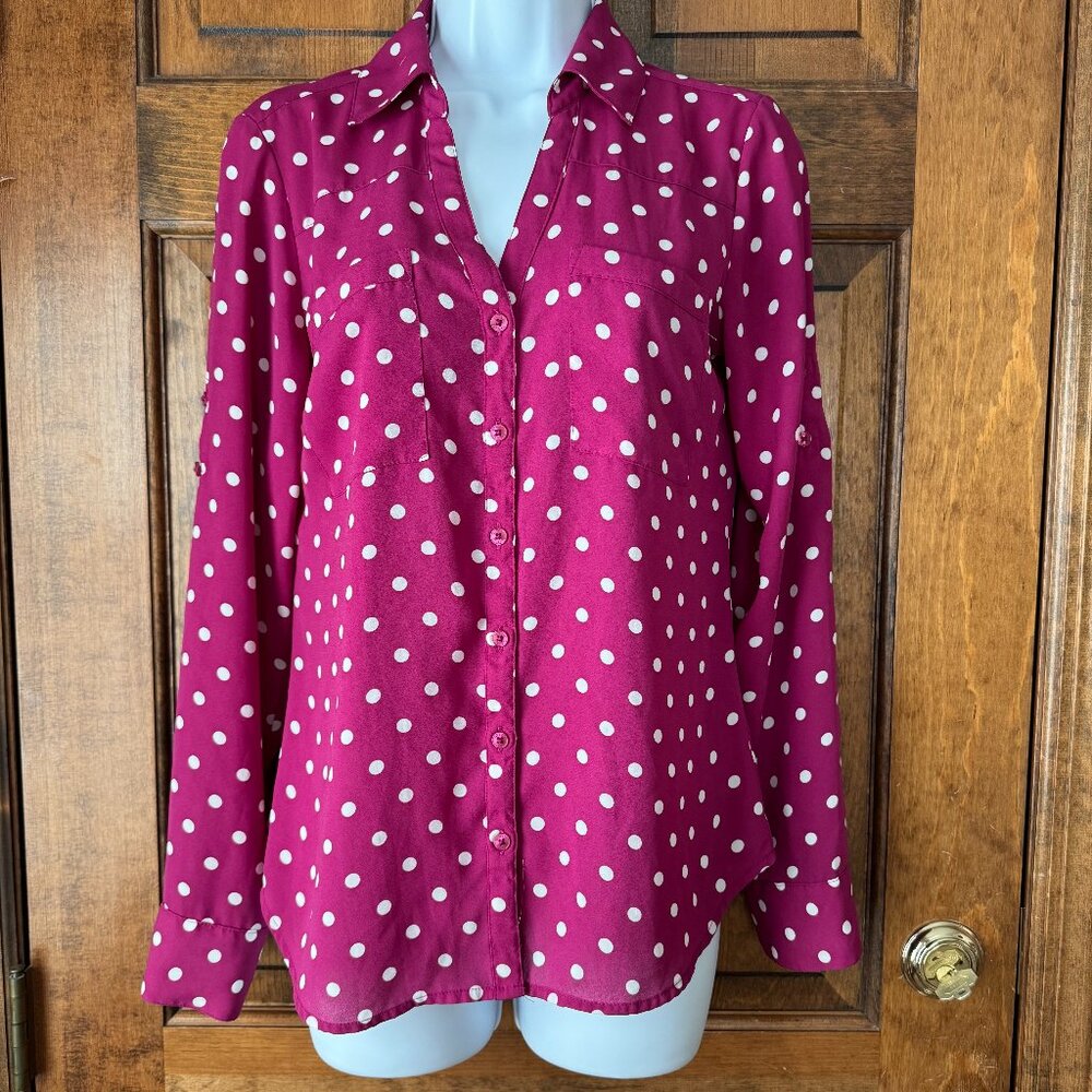 Express - The Portofino Shirt - Fuchsia w/White Polka Dots Slim Fit - Small